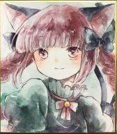 1girl animal_ears bell black_bow blunt_bangs blush bow cat_ears cat_girl cat_tail closed_mouth commentary_request grey_background hair_bow highres kaenbyou_rin looking_at_viewer medium_hair multiple_tails neck_bell red_eyes red_hair solo tail tomo_hatopo touhou traditional_media two_tails upper_body // 1870x2129 // 685KB