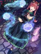 1girl animal_ears blue_fire bow braid cat_ears dress dutch_angle fangs fire flame-tipped_tail from_above ghost heart hitodama kaenbyou_rin leg_ribbon multiple_tails nekomata niradama_(nira2ratama) red_eyes red_hair ribbon sharp_teeth skull solo spirit tail teeth touhou twin_braids two_tails // 600x800 // 675KB