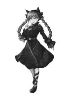 1girl absurdres animal_ears belt bow braid breasts cat_ears cat_girl dress full_body highres inoshin_(inixia1748) juliet_sleeves kaenbyou_rin legs_apart long_sleeves medium_breasts monochrome open_mouth puffy_sleeves shoes simple_background skull solo tail touhou traditional_media twin_braids v-shaped_eyebrows white_background // 2454x3407 // 2.0MB