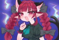 1girl :3 :d animal_ear_fluff animal_ears blue_background blush braid cat_ears cat_tail extra_ears fangs fingernails frills highres hitodama kaenbyou_rin looking_back multiple_tails open_mouth pointy_ears puffy_short_sleeves puffy_sleeves red_eyes red_hair red_nails renakobonb sharp_fingernails short_sleeves signature simple_background slit_pupils smile tail touhou twin_braids two_tails // 1707x1163 // 250KB