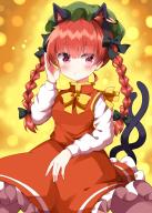 1girl animal_ears arm_up black_bow black_tail blush bow bowtie braid braided_twintails cat_ears cat_girl cat_tail chen chen_(cosplay) closed_mouth cosplay cowboy_shot expressionless frilled_skirt frills green_hat hair_between_eyes hair_bow hat highres kaenbyou_rin long_hair long_sleeves looking_at_viewer mob_cap multiple_tails orange_skirt orange_vest red_eyes red_hair ruu_(tksymkw) shirt skirt solo standing tail tail_raised touhou twin_braids two_tails vest white_shirt yellow_background yellow_bow yellow_bowtie // 1200x1680 // 1.1MB