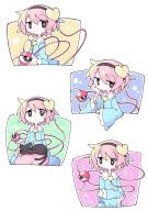 1girl :3 animal animal_on_lap arm_support asameshi black_eyes black_hairband blue_shirt bow buttons cat cat_on_lap closed_mouth collared_shirt commentary_request expressionless frilled_shirt_collar frills green_bow hairband hand_on_own_cheek hand_on_own_face heart heart_button highres kaenbyou_rin kaenbyou_rin_(cat) komeiji_satori long_sleeves looking_at_viewer multiple_tails multiple_views on_lap pink_hair pink_skirt shirt short_hair skirt tail third_eye touhou two_tails wide_sleeves // 1253x1770 // 302KB