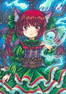 1girl adapted_costume animal_ear_fluff animal_ears blue_background blush bow braid buttons cat_ears cat_tail closed_mouth cowboy_shot dark_background dress frilled_sleeves frills glowing green_bow green_dress hair_bow hitodama juliet_sleeves kaenbyou_rin long_hair long_sleeves looking_at_viewer marker_(medium) multiple_tails puffy_sleeves purple_bow red_eyes red_hair rui_(sugar3) sample_watermark skull smile solo tail touhou traditional_media twin_braids two_tails watermark // 562x800 // 843KB