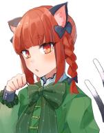1girl adapted_costume animal_ears black_bow blunt_bangs bow braid cat_ears cat_tail dress green_dress hair_bow kaenbyou_rin kuroda_(chokobo_314) long_sleeves looking_at_viewer multiple_tails nekomata paw_pose red_eyes red_hair solo tail touhou two_tails upper_body // 785x997 // 98KB
