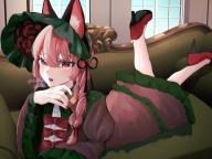 1girl alternate_costume animal_ear_fluff animal_ears aoringo_orin black_footwear bow braid cat_ears cat_girl commentary_request couch dress full_body headdress high_heels indoors kaenbyou_rin looking_at_viewer lying on_stomach open_mouth red_bow red_dress red_eyes red_hair red_nails side_braids sitting solo touhou touhou_gensou_eclipse twin_braids twitter_username window // 1536x1152 // 234KB