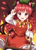 1girl :d animal_ear_fluff animal_ears black_bow blunt_bangs bow bowtie braid cat_ears cat_tail chen chen_(cosplay) claw_pose cosplay earrings fang fire gradient_background green_hat hair_ribbon hand_up hat highres jewelry kaenbyou_rin long_sleeves looking_at_viewer mob_cap multiple_tails nekomata open_mouth petticoat puffy_long_sleeves puffy_sleeves red_background red_eyes red_hair red_skirt red_vest ribbon ruu_(tksymkw) simple_background single_earring skirt smile solo tail touhou tress_ribbon twin_braids twintails two_tails vest wheelbarrow yellow_bow yellow_bowtie // 1000x1400 // 963KB
