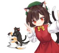 1girl :3 absurdres anger_vein animal_ear_fluff animal_ear_piercing animal_ears black_cat blush bow bowtie brown_hair calico_(pattern) calico_cat cat cat_ears cat_tail chen commentary_request earrings foreshortening frills goutokuji_mike goutokuji_mike_(cat) hair_between_eyes hat highres jewelry kaenbyou_rin kaenbyou_rin_(cat) long_sleeves looking_at_viewer mob_cap multiple_tails nail_polish nekomata no_nose qi_lang3568 red_bow red_eyes red_nails red_skirt red_vest selfie short_hair simple_background single_earring skirt skirt_set solo tail touhou two_tails v vest white_background yellow_bow yellow_bowtie // 3077x2756 // 2.8MB