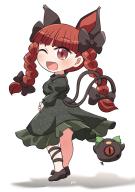 1girl ;d animal_ears black_footwear blunt_bangs bow braid breasts cat_ears cat_tail dress fang from_side green_dress hair_bow happy highres juliet_sleeves kaenbyou_rin leg_ribbon long_sleeves looking_at_viewer looking_back medium_breasts multiple_tails nekomata one_eye_closed open_mouth puffy_sleeves red_eyes red_hair reiuji_utsuho reiuji_utsuho_(bird) ribbon rokugou_daisuke shoes smile tail tail_ornament touhou twin_braids two_tails // 1007x1431 // 583KB