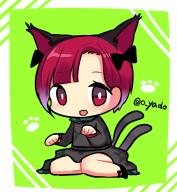 1girl :3 :d alternate_hair_length alternate_hairstyle animal_ears artist_name blunt_bangs cat_ears cat_tail chibi extra_ears green_background hair_behind_ear kaenbyou_rin multiple_tails nekomata open_mouth paw_pose red_hair short_hair simple_background sitting smile solo tail touhou two_tails yadoyuki yokozuwari // 957x1034 // 559KB