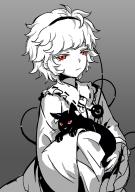 1girl :s animal blouse bow buttons cat closed_mouth commentary eyebrows_hidden_by_hair eyelashes frilled_shirt_collar frilled_sleeves frills greyscale hairband heart_button holding holding_animal holding_cat kaenbyou_rin kaenbyou_rin_(cat) komeiji_satori long_sleeves looking_at_viewer messy_hair monochrome red_eyes ribbon_trim seeker shirt short_hair solo spot_color third_eye touhou upper_body wide_sleeves // 579x819 // 219KB