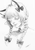 1girl animal_ears bow braid cat_ears closed_eyes cropped_shoulders hair_bow half-closed_eyes highres johnalay kaenbyou_rin light_smile lips looking_to_the_side monochrome nostrils portrait signature solo touhou traditional_media twin_braids // 1453x2048 // 347KB