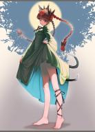1girl animal_ears bare_legs barefoot black_neckwear black_ribbon blue_background braid cat_ears cat_tail closed_mouth clothes_lift dress dress_lift extra_ears eyelashes frogsnake full_body gradient_background green_dress grey_background highres kaenbyou_rin leg_ribbon lifting_own_clothes long_dress long_hair long_sleeves moon multiple_tails nail_polish nekomata red_eyes red_hair ribbon skirt_hold smile standing subterranean_animism tail toenail_polish toenails touhou twin_braids two_tails white_background wide_sleeves // 1683x2334 // 314KB
