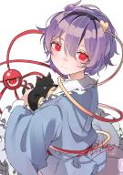 1girl absurdres blue_shirt hair_ornament hairband highres kaenbyou_rin kaenbyou_rin_(cat) komeiji_satori light_smile looking_at_viewer looking_back ninniku_(mfu7324) shirt simple_background solo third_eye touhou white_background wide_sleeves // 2892x4096 // 702KB