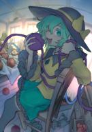 1girl apple bird black_hat bow cat chair food frilled_skirt frills fruit green_eyes green_hair green_skirt hakonnbo hat hat_bow highres indoors kaenbyou_rin kaenbyou_rin_(cat) komeiji_koishi long_sleeves looking_at_viewer major_injury_underreaction open_mouth phonograph reiuji_utsuho reiuji_utsuho_(bird) short_hair sitting skirt third_eye touhou yellow_bow // 1075x1518 // 1.3MB