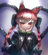 1girl absurdres animal_ears aonori00 black_bow bow braid cat_ears eyebrows_hidden_by_hair hair_bow hands_on_own_cheeks hands_on_own_face highres kaenbyou_rin light_particles long_sleeves looking_at_viewer red_eyes red_hair skull smile solo touhou twin_braids upper_body // 4961x5632 // 24MB
