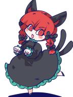 1girl animal_ears black_bow black_dress blunt_bangs bow braid cat_ears cat_girl cat_tail chahan_(fried_rice0614) clenched_hands commentary dress fang frilled_dress frills full_body hair_bow highres kaenbyou_rin long_sleeves multiple_tails open_mouth red_eyes red_hair simple_background slit_pupils solo standing standing_on_one_leg tail touhou twin_braids two_tails white_background // 960x1280 // 475KB