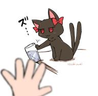 1girl :3 artist_name black_cat blurry bow cat commentary_request cup depth_of_field drinking_glass kaenbyou_rin kaenbyou_rin_(cat) komeiji_satori multiple_tails noai_nioshi red_bow red_eyes simple_background solo solo_focus tail touhou two_tails white_background // 803x789 // 163KB