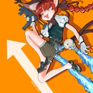 1girl :d alternate_costume animal_ears arrow_(symbol) bigcat_114514 cat_ears cat_tail commentary_request drop_shadow extra_ears floating_hair gun highres holding holding_gun holding_weapon jetpack kaenbyou_rin multiple_tails nekomata open_mouth orange_background shorts simple_background smile solo tail touhou two_tails v-shaped_eyebrows weapon // 1536x1536 // 1.7MB