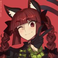1girl ;3 animal_ears black_bow black_fur black_gloves boa_(brianoa) bow braid cat_ears cat_tail commentary dress gloves hair_ribbon juliet_sleeves kaenbyou_rin long_hair long_sleeves multiple_tails one_eye_closed puffy_sleeves red_background red_eyes red_hair ribbon side_braids signature solo tail touhou twin_braids twintails two_tails v // 1000x1000 // 568KB