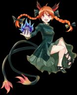 1girl ahoge animal_ears black_footwear black_ribbon braid breasts cat_ears cat_girl cat_tail commentary_request dress full_body green_dress high_heels hitodama juliet_sleeves kaenbyou_rin leg_ribbon long_sleeves looking_at_viewer multiple_tails necoyngwie open_mouth orange_eyes orange_hair puffy_sleeves ribbon side_braids simple_background skull smile solo tail touhou twin_braids two_tails white_background // 833x1024 // 561KB