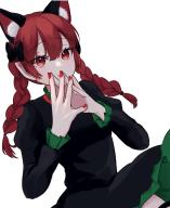 1girl animal_ear_fluff animal_ears aoringo_orin black_dress bow braid cat_ears dress extra_ears frills green_dress hair_bow hand_to_hand highres kaenbyou_rin looking_at_viewer pointy_ears red_eyes red_hair red_nails simple_background solo thighhighs touhou tsurime twin_braids white_background zettai_ryouiki // 1307x1589 // 146KB