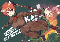 1girl animal_ears bow braid breasts cat_ears cat_tail character_name dress dutch_angle floral_print from_above highres kaenbyou_rin large_breasts looking_to_the_side multiple_tails outstretched_arms parted_lips red_hair solo tail teeth touhou twin_braids two_tails umigarasu_(kitsune1963) // 1637x1158 // 1.8MB