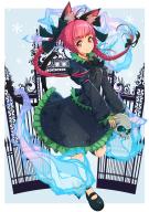 1girl animal_ears black_skirt bow braid cat_ears cat_tail female_focus frilled_skirt frills full_body gate green_bow hair_bow highres kaenbyou_rin long_hair long_sleeves looking_at_viewer maru-pen puffy_long_sleeves puffy_sleeves red_eyes red_hair skirt skull smile solo standing standing_on_one_leg tail touhou twin_braids // 1000x1414 // 1.1MB