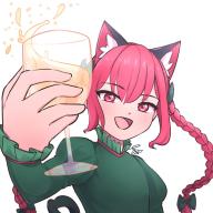 1girl animal_ears braid cat_ears cat_girl commentary cup drinking_glass english_commentary foreshortening holding holding_cup juliet_sleeves kaenbyou_rin lauragemstones long_hair long_sleeves open_mouth puffy_sleeves red_eyes red_hair side_braids simple_background solo touhou twin_braids upper_body white_background // 1125x1125 // 148KB