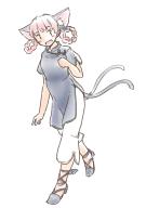 1girl :d alternate_costume alternate_hairstyle animal_ears blue_dress blush bow braid braided_hair_rings breasts cat_ears cat_tail dress fang full_body green_bow hair_rings hand_up happy kaenbyou_rin looking_at_viewer multiple_tails nekomata open_mouth pants rangycrow red_hair simple_background small_breasts smile solo tail touhou twin_braids two_tails walking white_background white_pants // 566x800 // 140KB