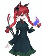 1girl :3 absurdres animal_ears black_bow blue_dress blue_fire bow braid breasts cat_ears cat_girl cat_tail chinese_commentary commentary_request cowboy_shot dress fire frilled_dress frilled_sleeves frills hair_bow hand_up highres hitodama kaenbyou_rin long_sleeves multiple_tails neck_ribbon open_mouth red_eyes red_hair red_ribbon ribbon simple_background small_breasts smile solo tail touhou twin_braids two_tails white_background zhong_dogzhic // 2030x2649 // 733KB