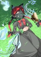 1girl :o \|| animal_ears bow braid cat_ears dress fire fish_skeleton from_above grass hands_on_own_stomach highres hitodama kaenbyou_rin keiki8296 lying on_back on_grass open_mouth red_hair skull sleeping solo touhou twin_braids v-shaped_eyebrows // 1493x2048 // 436KB