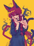 1girl animal_ears black_dress braid cat_ears cat_girl cat_tail commentary dress extra_ears highres hitodama jess_(p2eocene) kaenbyou_rin laughing long_hair long_sleeves looking_at_viewer nekomata pointing pointing_at_viewer pointy_ears red_eyes red_hair side_braids simple_background sketch solo tail touhou twin_braids yellow_background yellow_eyes // 1549x2048 // 392KB