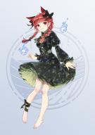 1girl :3 animal_ears barefoot black_bow black_ribbon blunt_bangs blush bow braid brooch cat_ears chinese_commentary closed_mouth commentary dress extra_ears fingernails floral_print flower frilled_sleeves frills full_body green_dress green_flower hair_bow hair_ornament highres hitodama jewelry juliet_sleeves kaenbyou_rin kieta leg_ribbon long_hair long_sleeves looking_at_viewer nail_polish puffy_sleeves red_eyes red_hair red_nails ribbon second-party_source skull_hair_ornament solo toenails touhou twin_braids // 1080x1528 // 216KB