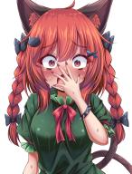1girl animal_ear_fluff animal_ears blush bracelet braid cat_ears cat_girl hair_ornament highres jewelry kaenbyou_rin looking_at_viewer medium_hair open_mouth raised_eyebrows red_eyes red_hair red_nails short_sleeves side_braids simple_background siw0n solo spiked_bracelet spikes sweat textless_version touhou twin_braids upper_body white_background x_hair_ornament // 1600x2100 // 2.6MB