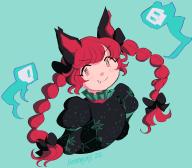 1girl animal_ears black_bow bow braid cat_ears cropped_shoulders dress fang fang_out floating_skull ghost green_background green_dress henemimi highres hitodama kaenbyou_rin long_hair puffy_sleeves red_eyes red_hair signature sketch skull smile touhou twin_braids // 1549x1357 // 60KB