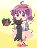 1girl ahoge animal black_cat blue_shirt blush_stickers cat commentary_request full_body hair_ornament hairband heart heart_hair_ornament highres holding holding_animal holding_cat kaenbyou_rin kaenbyou_rin_(cat) komeiji_satori nekomata purple_eyes purple_hair reiuji_utsuho reiuji_utsuho_(bird) rokugou_daisuke shirt short_hair simple_background skirt slippers solo standing touhou white_background // 1096x1407 // 992KB