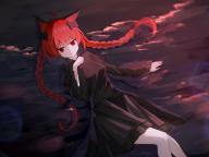 1girl absurdres ahoge animal_ears black_dress bow braid cat_ears dress expressionless feet_out_of_frame highres kaenbyou_rin knees_together_feet_apart long_hair long_sleeves lying nitronn_(nitrun) on_back red_eyes red_hair solo touhou twin_braids very_long_hair // 4000x3000 // 3.5MB