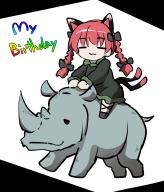 1girl :3 animal_ears black_dress black_headwear cat_ears cat_girl cat_tail chups closed_eyes closed_mouth commentary_request dress english_text extra_ears full_body highres kaenbyou_rin multiple_tails nekomata red_hair rhinoceros riding tail touhou two_tails white_background // 1494x1746 // 625KB