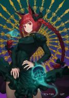 1girl absurdres alucard_pie animal_ear_fluff animal_ears black_bow black_nails bow braid cat_ears cat_tail cowboy_shot dress fingernails frilled_dress frills green_dress hair_bow highres juliet_sleeves kaenbyou_rin long_hair long_sleeves multiple_tails nail_polish puffy_sleeves red_eyes red_hair skull solo tail touhou twin_braids two_tails // 2894x4093 // 1.3MB