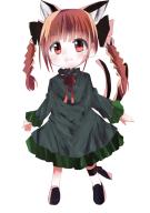 1girl :3 absurdres animal_ears bad_id bad_pixiv_id blunt_bangs braid cat_ears dress full_body green_dress highres kaenbyou_rin looking_at_viewer multiple_tails natsume_suzuri nekomata red_eyes red_hair simple_background solo standing tail touhou twin_braids white_background // 2894x4093 // 2.8MB