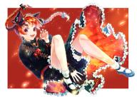 1girl :d absurdres animal_ears border bow braid cat_ears claw_pose dress fang floating_hair highres kaenbyou_rin looking_at_viewer mimimimimisa14 nail_polish open_mouth outside_border red_background red_eyes red_hair red_nails shoes skin_fang smile solo touhou twin_braids white_border // 4096x2902 // 1.1MB