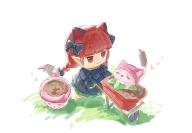1girl :3 animal_ears black_bow black_dress bow braid cat_ears cattail_(plants_vs._zombies) chibi chibi_only closed_mouth crossover dress extra_ears ge_dazuo hair_bow highres kaenbyou_rin long_sleeves plants_vs._zombies plants_vs._zombies_hybrid pointy_ears red_eyes red_hair solo touhou twin_braids wheelbarrow white_background zzz // 2360x1640 // 1.2MB