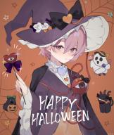 1girl alternate_costume bags_under_eyes bird black_cape black_cat black_hat bow buttons candy cape cat chromatic_aberration collar collared_dress commentary crow dress english_text expressionless food frilled_collar frilled_hat frilled_sleeves frills ghost_costume hair_between_eyes halloween halloween_bucket halloween_costume hand_up happy_halloween hat heart heart_button highres holding holding_wand kaenbyou_rin kaenbyou_rin_(cat) kani_nyan komeiji_koishi komeiji_satori lollipop long_sleeves looking_at_viewer orange_background orange_bow parted_lips purple_bow purple_eyes purple_hair purple_hat reiuji_utsuho reiuji_utsuho_(bird) short_hair silk solo spider_web star_(symbol) swirl_lollipop symbol-only_commentary third_eye touhou upper_body wand wide_sleeves witch witch_hat // 1732x2048 // 1.8MB