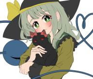 1girl amane_alice animal black_cat black_headwear blush bow cat closed_mouth collar eyelashes frilled_shirt_collar frilled_sleeves frills green_collar green_eyes green_hair hat hat_bow heart heart_of_string holding holding_animal holding_cat kaenbyou_rin kaenbyou_rin_(cat) komeiji_koishi long_sleeves looking_at_viewer medium_hair red_bow red_eyes simple_background smile third_eye touhou white_background yellow_bow // 1014x864 // 110KB