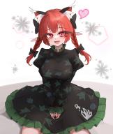1girl absurdres animal_ear_fluff animal_ears black_bow black_dress blush bow braid breasts cat_ears cleavage commentary_request dress extra_ears fang hair_bow heart highres juliet_sleeves kaenbyou_rin large_breasts long_eyelashes long_sleeves looking_at_viewer open_mouth patterned_clothing pointy_ears puffy_sleeves red_eyes red_hair red_nails side_braids sitting smile solo sugar_you touhou twin_braids // 6480x7680 // 13MB