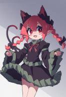 1girl :d absurdres animal_ears black_dress blush_stickers braid breasts bright_pupils cat_ears cat_tail dress fangs frills grey_background highres kaenbyou_rin mr.turtle_head multiple_tails nekomata open_mouth petite pointy_ears red_eyes red_hair sidelighting simple_background small_breasts smile solo tail touhou twin_braids two_tails wall white_pupils // 1845x2670 // 2.0MB