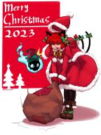1girl 2023 absurdres aronnecroman bow braid brown_footwear capelet cat_tail christmas_tree closed_eyes commentary english_commentary full_body fur_trim green_bow hair_bow hat highres hitodama kaenbyou_rin merry_christmas multiple_tails nekomata pantyhose patch pom_pom_(clothes) red_capelet red_hair red_hat red_skirt sack santa_costume santa_hat side_braids skirt solo standing tail touhou twin_braids two_tails // 2400x3200 // 543KB