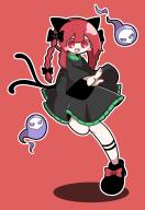 1girl animal_ears baek_ban black_bow black_dress black_shoes blush_stickers bow cat_ears cat_girl cat_tail dress fang hair_between_eyes hair_bow highres kaenbyou_rin leg_up long_sleeves multiple_tails open_mouth red_background red_eyes red_hair shoes sidelocks simple_background smile solo tail touhou twintails two_tails wide_sleeves // 1349x1953 // 516KB