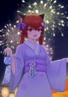 1girl absurdres animal_ear_fluff animal_ears braid cat_ears cat_girl chiaki_koizumi commentary_request earmuffs extra_ears fang highres japanese_clothes kaenbyou_rin kimono long_sleeves looking_at_viewer open_mouth outdoors pointy_ears red_eyes red_hair sash side_braids skin_fang solo touhou twin_braids white_kimono wide_sleeves yukata // 4200x5940 // 16MB