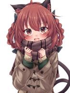 1girl alternate_costume animal_ear_fluff animal_ears black_bow blush bow braid brown_eyes cat_ears cat_tail coat commentary fang grey_scarf hair_bow highres kaenbyou_rin long_hair long_sleeves looking_at_viewer multiple_tails nekomata open_mouth plaid_clothes plaid_scarf red_hair scarf simple_background siw0n solo tail touhou translation_request twin_braids two_tails upper_body white_background winter_clothes // 1600x2100 // 2.3MB